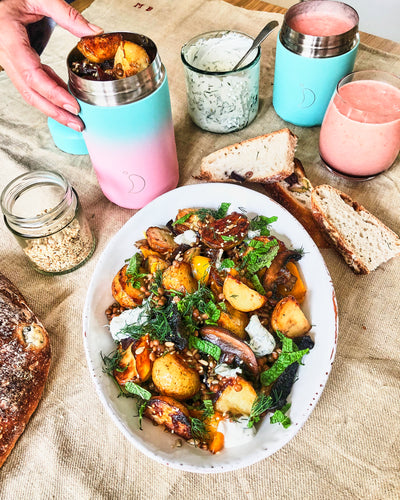 Roast veg, caramelised onion and lentil salad with dill yogurt, served with a mango and raspberry lassi