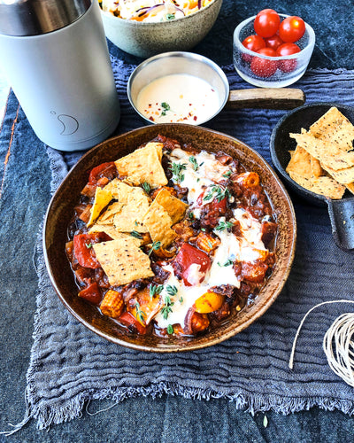 Spicy Mexican Beans with Nachos & Crunchy Sweetcorn Slaw