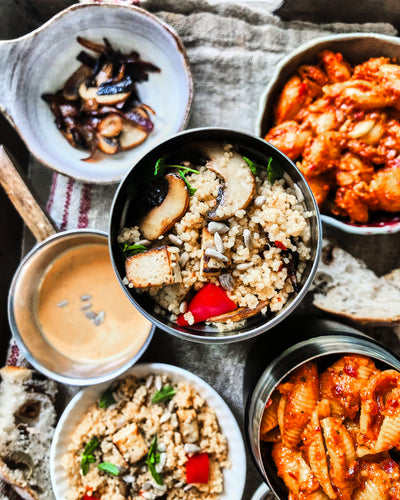 Tomato pesto pasta and couscous salad